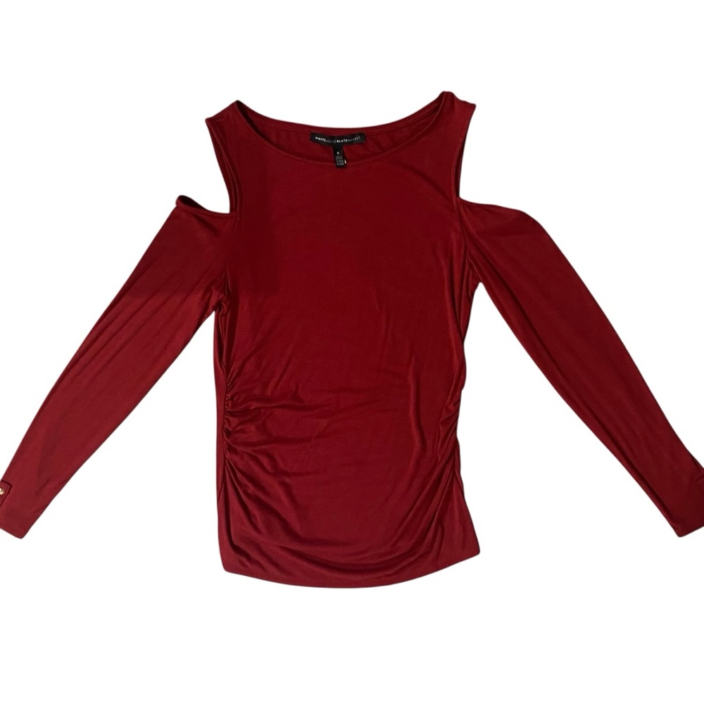 White House Black Market Red Long Sleeve Cold Shoulder Ruched Top Small - Picture 7 of 11